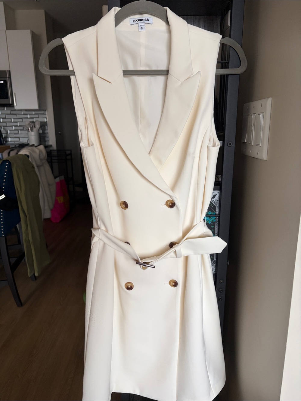 Express Cream Sleeveless Double-Breasted Blazer Dress with Belt
